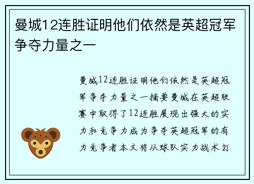 曼城12连胜证明他们依然是英超冠军争夺力量之一